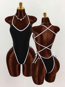 Amplova Traje de baño de una pieza con recortes en contraste negro y blanco, sin espalda, atuendo sexy para vacaciones y el Día de San Valentín - Multicolor - Ver 3