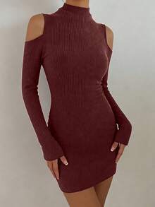 DAZY Women's Fashionable Sexy Ribbed Off-Shoulder Bodycon Mini Dress, Autumn