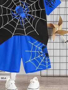 2pcs/Set Young Boy Casual Cartoon Spider Print Round Neck Short Sleeve T-Shirt And Shorts Set, Suitable For Summer - Multicolor - View 6