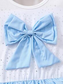 Sparklyn Đầm cho bé gái tuổi teen, áo dệt kim màu trắng tay phồng, điểm nhấn là nơ hồng đính đá, chân váy xếp tầng màu hồng, thiết kế xếp ly, kiểu dáng dễ thương phù hợp đi học mùa hè. - Màu xanh lam - Xem 4