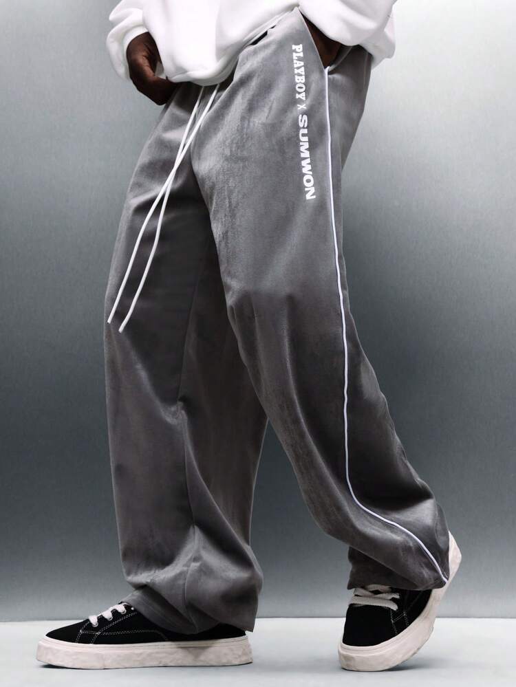PLAYBOY X SUMWON Wide Leg Velour Jogger Pants With Logo And Side Stripe Details For Casual Streetwear