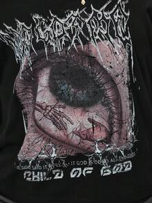 ROMWE EDITION 大码暗黑朋克风不对称肩部宽松撞色复古大码T恤，黑色 - 黑色 - 查看 6