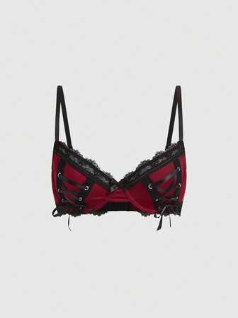 Goth Reggiseno bralette in pizzo con occhielli e ferretto, lingerie gotica per donne