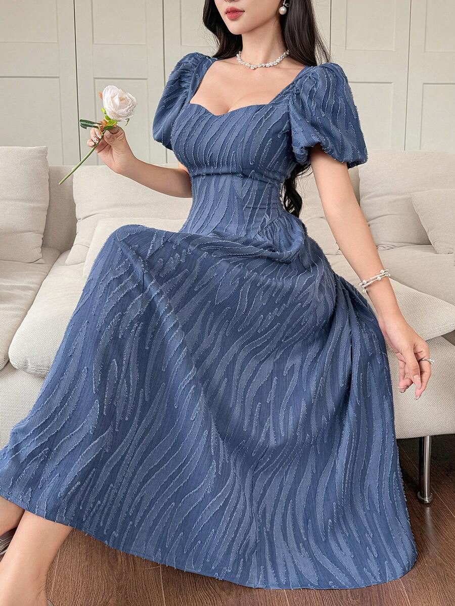 DAZY Váy ngắn tay đơn giản tối giản màu trơn dành cho nữ - Màu xanh lam - Xem 1