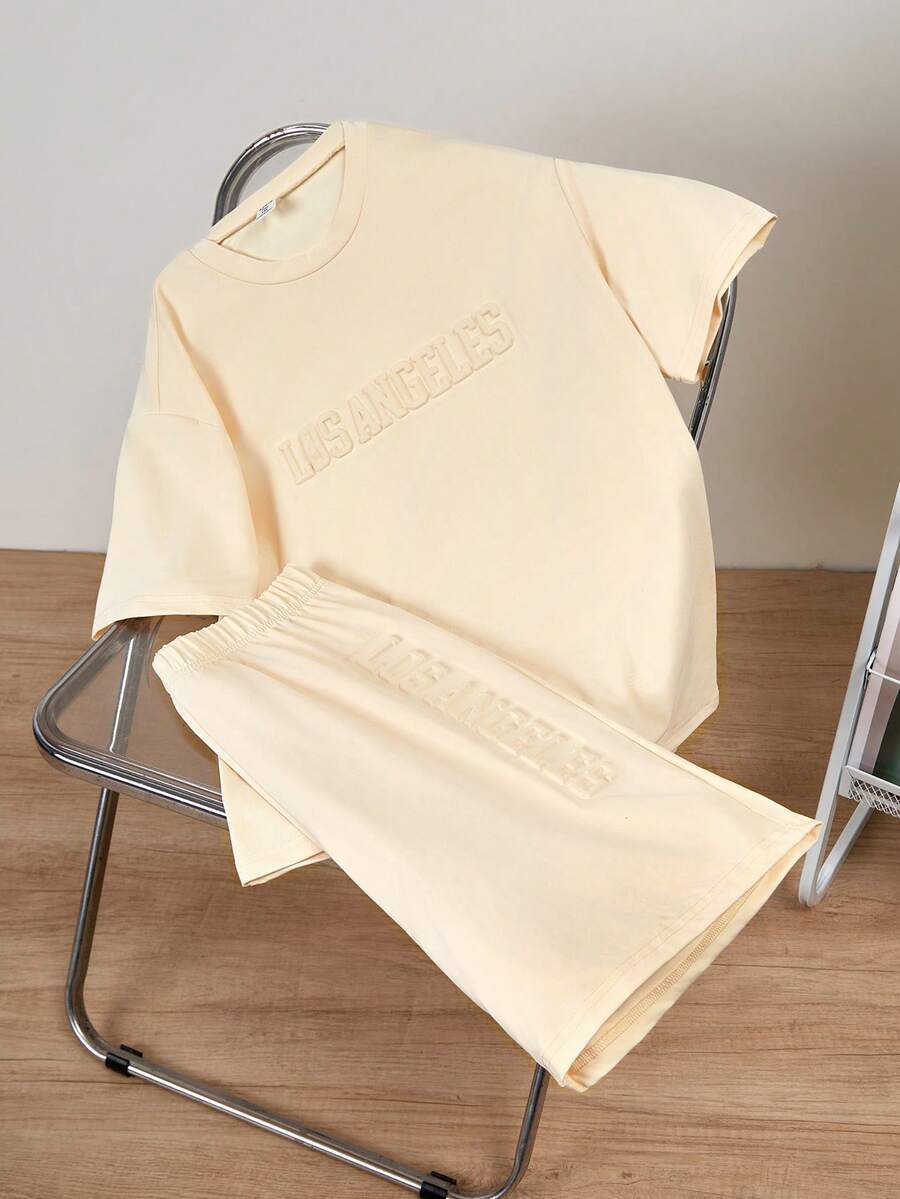 Mirajuku 2 pièces Ensemble de t-shirt à manches courtes et short de vacances décontracté pour garçons adolescents, turquoise. Tenue de sport minimaliste avec imprimé lettres 3D, pour l'été