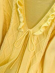 GlowEve CURVE Women's Autumn/Winter New Lace-Up Bow Knit Cardigan, Sweet Soft Floral Pattern Classic Versatile Regular Fit Sweater Top - Yellow - View 6