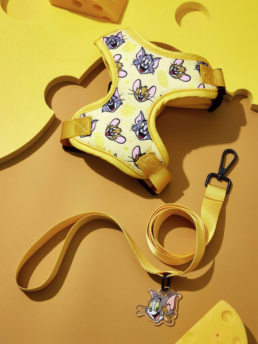 TOM & JERRY X SHEIN 一套卡通奶酪图案宠物旅行背带和牵引绳套装，多种尺寸可选，背带长度可调节，适合猫狗使用。 - 彩色 - 查看 1