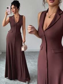 SHEIN Elenzya Plus Size Elegant Brown Summer French Style Lapel Waist Ribbed Sleeveless A-Line Dress, Work Festa Low Cut Classy Women Dress - Redwood - View 7