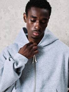 SUMWON 常规款混色拉链连帽衫，带帽和中央口袋，罗纹袖口和下摆，休闲秋冬卫衣，纯色 - 灰色 - 查看 4