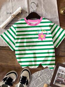 SHEIN Leap Crew Tween Girls' Casual Cute Cartoon Face & Floral Striped Short Sleeve Crew Neck T-Shirt, Suitable For Summer - Multicolor - View 4