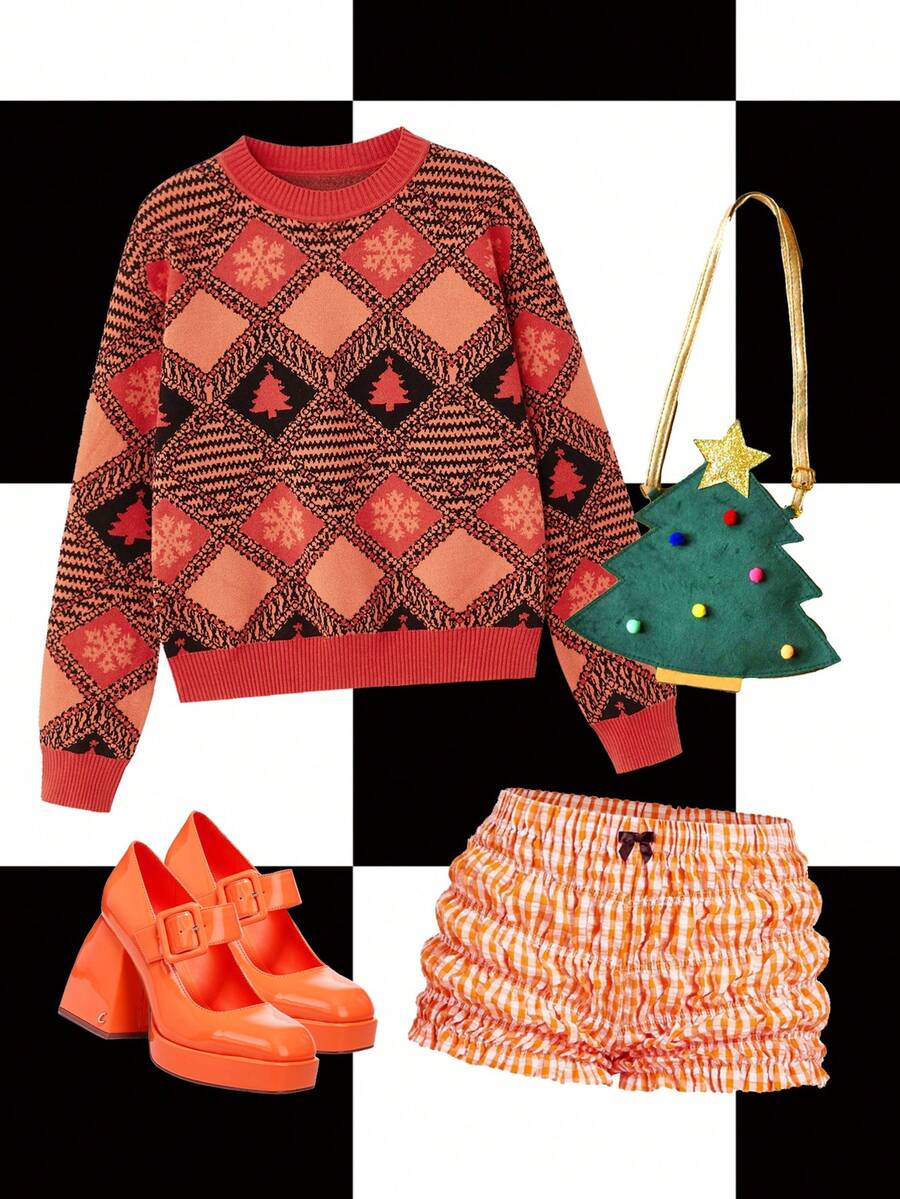 Y2Kool Pamile Áo len nữ màu đỏ và đen họa tiết bông tuyết, cây thông Noel, sọc, phối màu, dáng rộng, tay dài, cổ tròn, thích hợp mặc mùa thu, áo len nữ, áo len crop top, áo len nữ thường ngày, áo len nữ màu cam, áo len Giáng sinh, áo len nữ màu cam. - Đỏ - Xem 1