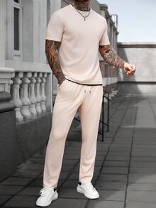 Manfinity Homme 男士休闲日常通勤简单纯色华夫饼面料短袖T恤和抽绳腰部长裤套装春夏秋 - 杏色 - 查看 3