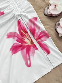 少女白色夏季休閒度假套裝，花卉印花背心上衣與迷你裙套裝，波西米亞熱帶海灘度假風兩件式 - 白色 - 查看 5