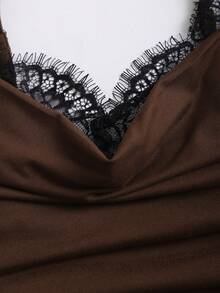 Sweetra 女士 Y2K 性感蕾丝拼接吊带阔腿连体裤 - 咖啡棕 - 查看 6