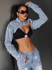 Jeanoix Chaqueta vaquera corta de mujer con dobladillo deshilachado y desgastado - Lavado ligero - Ver 5