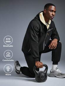 男士休闲保暖连帽衫和裤子套装，秋冬 - 黑色 - 查看 1