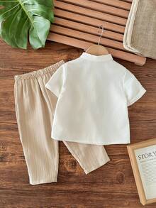 男婴可爱休闲百搭字母印花长袖衬衫和松紧腰裤套装 - 白色 - 查看 2