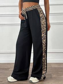 Cloudara Women's Leopard Print Patchwork Tie Waist Loose Wide Leg Casual Pants - Black - View 1