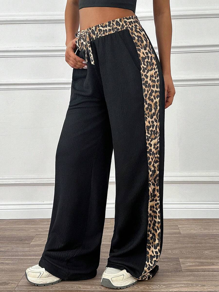 Cloudara Women's Leopard Print Patchwork Tie Waist Loose Wide Leg Casual Pants - Black - View 1