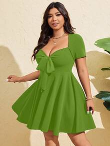 Sunspun Vestido ajustado de manga corta con lazo delantero sexy para mujer de talla grande, verano - Verde - Ver 2