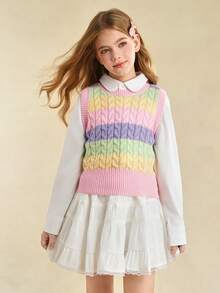 Sparklyn 春秋马卡龙拼色条纹纹理无袖圆领可叠穿毛衣背心女童款，常规厚度，适合日常休闲、上学、户外、聚会场合 - 彩色 - 查看 5