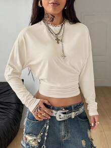 Coolane Women's Spring Minimalist Y2K Basic Daily Wear Casual Back To School Streetwear Stretchy Beige Loose Long Sleeve Ruched Crop Tees - Apricot - View 6