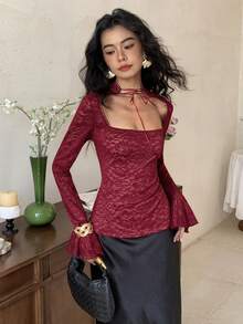 EastFlair Women's Floral Lace Flare Sleeve Fitted Elegant Blouse - Burgundy - View 4