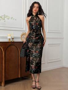 EastFlair 女士优雅龙凤印花高开衩修身中式旗袍连衣裙 - 黑色 - 查看 5