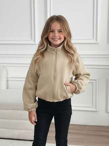 SHEIN Young Girl Zip-Up Drawstring Long Sleeve Warm Fleece Fashionable Casual Stand Collar Sweatshirt Jacket Khaki Zip Up In Fall/Winter Zip Up Top Khaki Top Sweatshirt Plain Color Zip Up Sweatshirt Chic Beige Cropped Sweatshirt Jacket With Full Zip And Stand Collar Ideal For Casual Fall Spring - Khaki - View 8