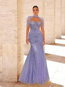Glamrae 优雅奢华的珍珠亮片网纱美人鱼连衣裙，流苏袖设计，适合婚礼、派对、度假、晚宴、正式晚装等场合（重工装饰） - 紫羅蘭色 - 查看 6