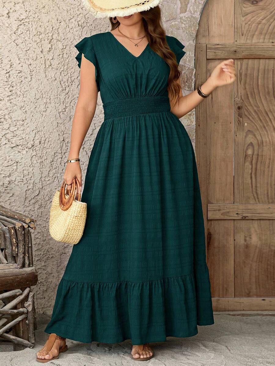 SHEIN LUNE Váy dài vải họa tiết cỡ lớn cho nữ, váy mùa hè, trang phục tốt nghiệp ngày 4 tháng 7 màu trắng - Màu xanh lá cây đậm - Xem 1