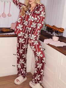 SweetSlumber Sweet Striped Bow Cardigan Women Pajama Set Valentine's Day Lounge Sets For Women Sleepwear Red Pj Set Women - Multicolor - View 3