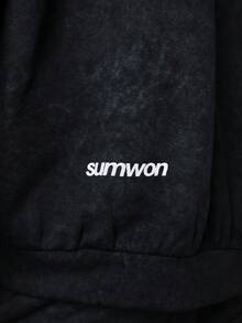 SUMWON 男士黑色水洗拉链连帽衫，带前袋和抽绳帽，休闲冬季风格纯色 - 黑色 - 查看 7