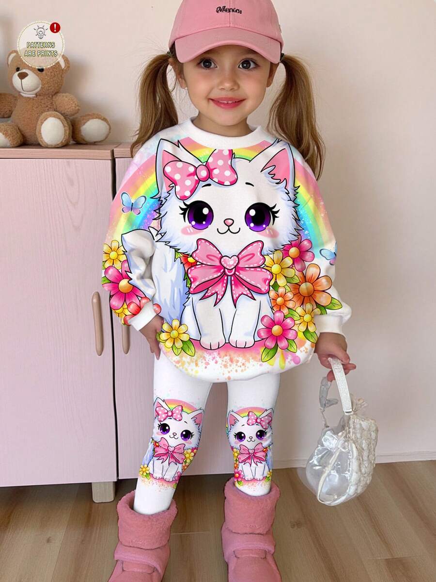 SHEIN 两件套少女休闲可爱卡通猫咪图案套装,充满魔力,时尚甜美,酷炫十足,多巴胺色调,圆领长袖卫衣搭配打底裤,适合秋冬季穿着。 - 彩色 - 查看 1