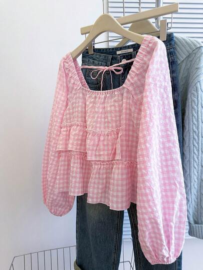 Resyla Plus Size Women Plaid Square Collar Lantern Sleeve Ruffle Hem Loose Blouse