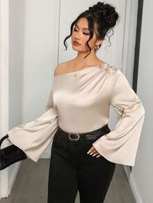 Modelyn Beige, Autumn, Elegant, Wedding Guest Plus Size Women's Asymmetric Shoulder Floral Applique Satin Flare Sleeve Blouse, Family Gathering Date Night - Apricot - View 2
