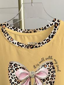 Franclia Áo thun cổ tròn tay ngắn họa tiết da báo in nơ đơn giản dành cho nữ - Màu vàng - Xem 4