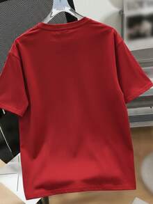 Camiseta de manga corta con cuello redondo, adornada con estampado, para ropa de Año Nuevo, camisetas gráficas para mujeres - Rojo - Ver 2