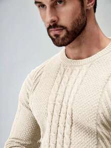 Manfinity Mode Men's Solid Color Crew Neck Cable Casual Versatile Long Sleeve Pullover Sweater Jumper For Men Knit Wear Men - Apricot - View 3