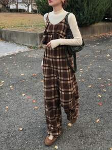 FRIFUL Bộ jumpsuit nữ kẻ caro xếp lớp, ống thẳng, dáng rộng, thoải mái, đa năng cho mùa thu/đông, thích hợp mặc ở nhà. - Nhiều màu - Xem 2