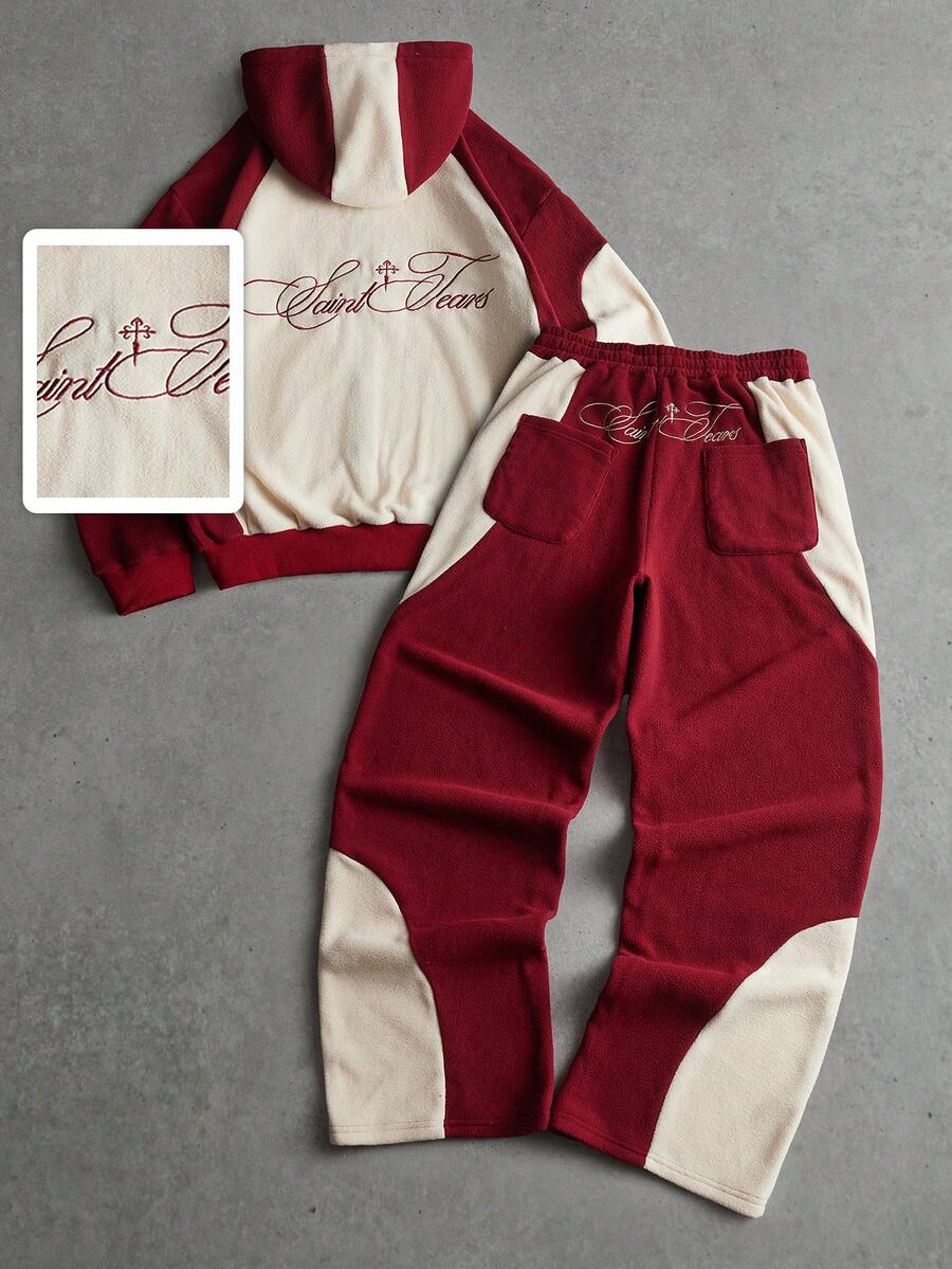 Manfinity Roghcode 2pcs/Set Pakaian Pria Gaya Streetwear Fleece Minimalis Colorblock Hoodie dengan Resleting dan Tali Serut, Serbaguna untuk Sehari-hari, di Rumah, di Luar Ruangan, Kembali ke Sekolah, Perjalanan. Set 2 Potong Pria, Set Jogger Pria dengan Patch, Set Pria Merah, Pakaian Dua Potong Pria, Celana Olahraga, Pakaian Pria Burgundy. - Burgundy - View 1