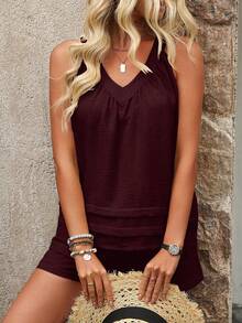 SHEIN Holidaya Women's Vacation Solid Color Ruffle Halter Top And Shorts Casual 2-Piece Set - Burgundy - View 5