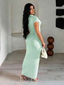 SHEIN SXY Đầm suông cổ lệch đính kim loại màu trơn thanh lịch dành cho nữ - Màu xanh Bạc hà - Xem 2