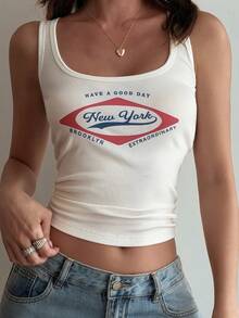 DAZY Teen GirlLetter Print Thick Strap Square Neck Sleeveless Tank Top - White - View 6