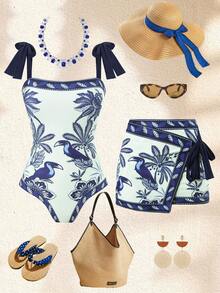 Swim Oasis 高级植物印花吊带泳衣，带可拆卸裙摆 - 彩色 - 查看 1