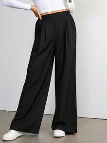 SHEIN Tall Pantalones formales, elegantes y casuales de cintura alta y pierna ancha, para primavera/verano y otoño/invierno - Negro - Ver 7