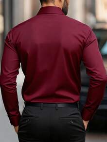 Manfinity Mode Men's Long Sleeve Dress Shirt | Solid Color Business Casual & Formal Button-Up, All-Season Comfort, Regular Fit For Office & Casual Attire, Smooth Texture Dark Red Shirt Burgundy Shirt For Men Men Dress Shirt Business Casual Men Shirt Maroon Shirt Men - Burgundy - View 2
