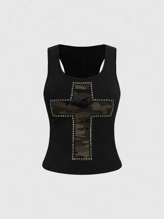 ROMWE Avant Damen Retro Sexy Y2K Baddie Camouflage Pailletten Patchwork Cross Dekor Allround Versatil Trägertop