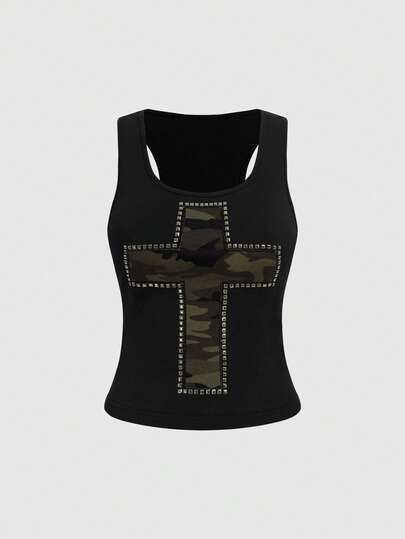 ROMWE Avant Canotta versatile da donna in stile retrò sexy Y2K Baddie, con patchwork di paillettes e decorazione a croce, in fantasia mimetica