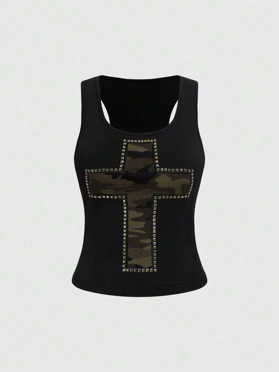 ROMWE Avant 女士复古性感Y2K坏女孩迷彩亮片拼接十字装饰百搭背心 - 黑色 - 查看 1